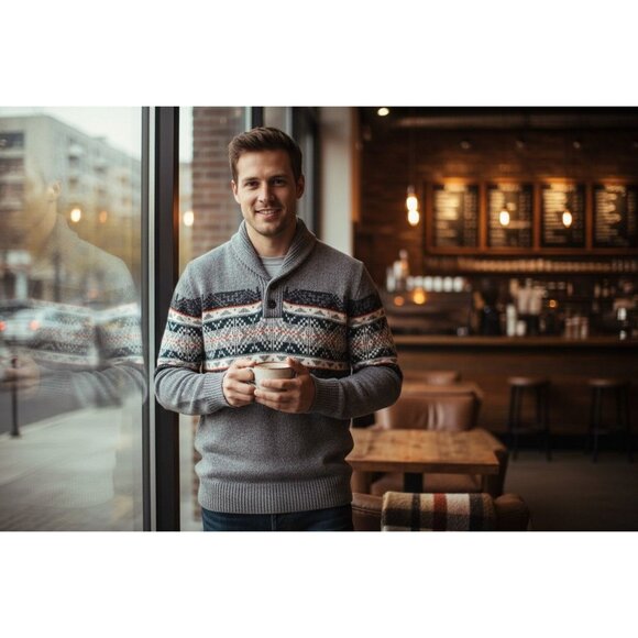 American Eagle Mens Gray Fair Isle Shawl Collar Sweater L Cotton/Wool Blend EUC - Picture 1 of 14